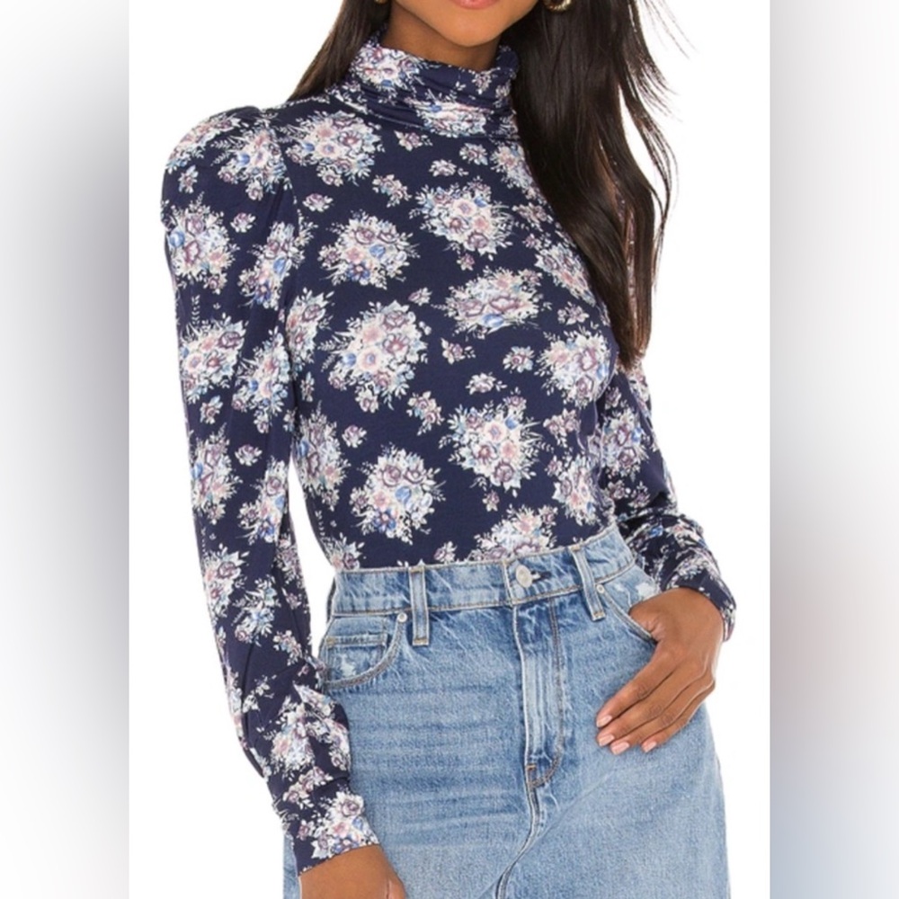LoveShackFancy Vienna Tee Medium Deep Marine Blue Floral Turtleneck Top